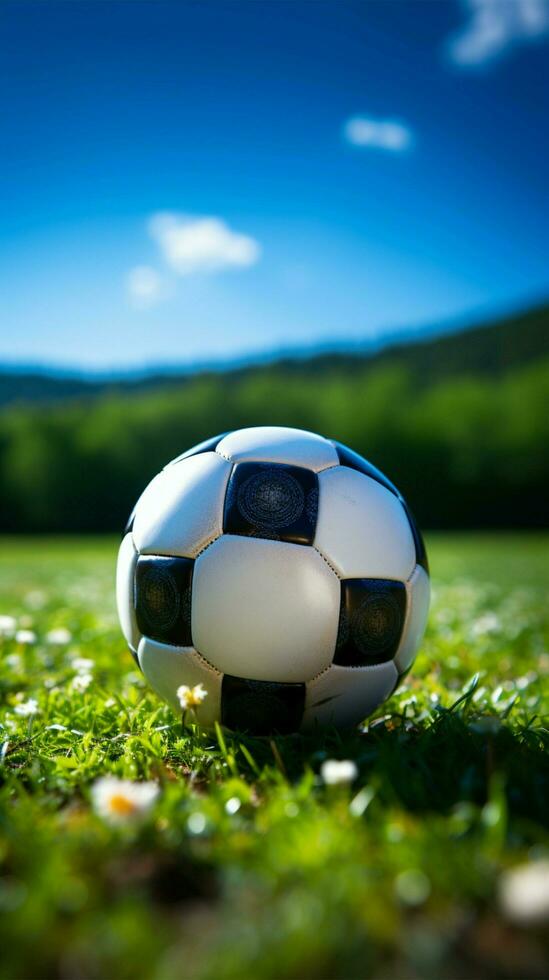 Speel bal Aan de gras, een levendig beeld van een bal Aan de veld- verticaal mobiel behang ai gegenereerd foto