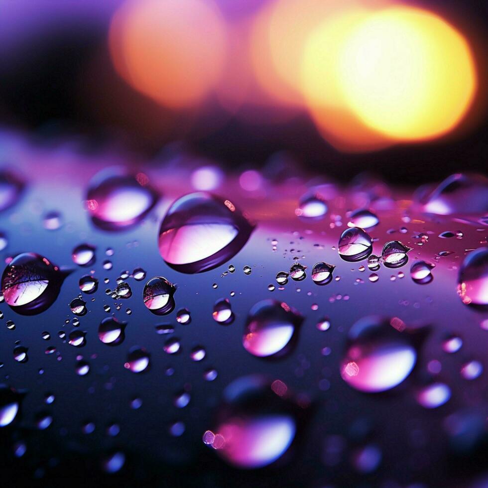 dichtbij omhoog visie van regendruppels Aan een venster, gekust door Purper licht voor sociaal media post grootte ai gegenereerd foto