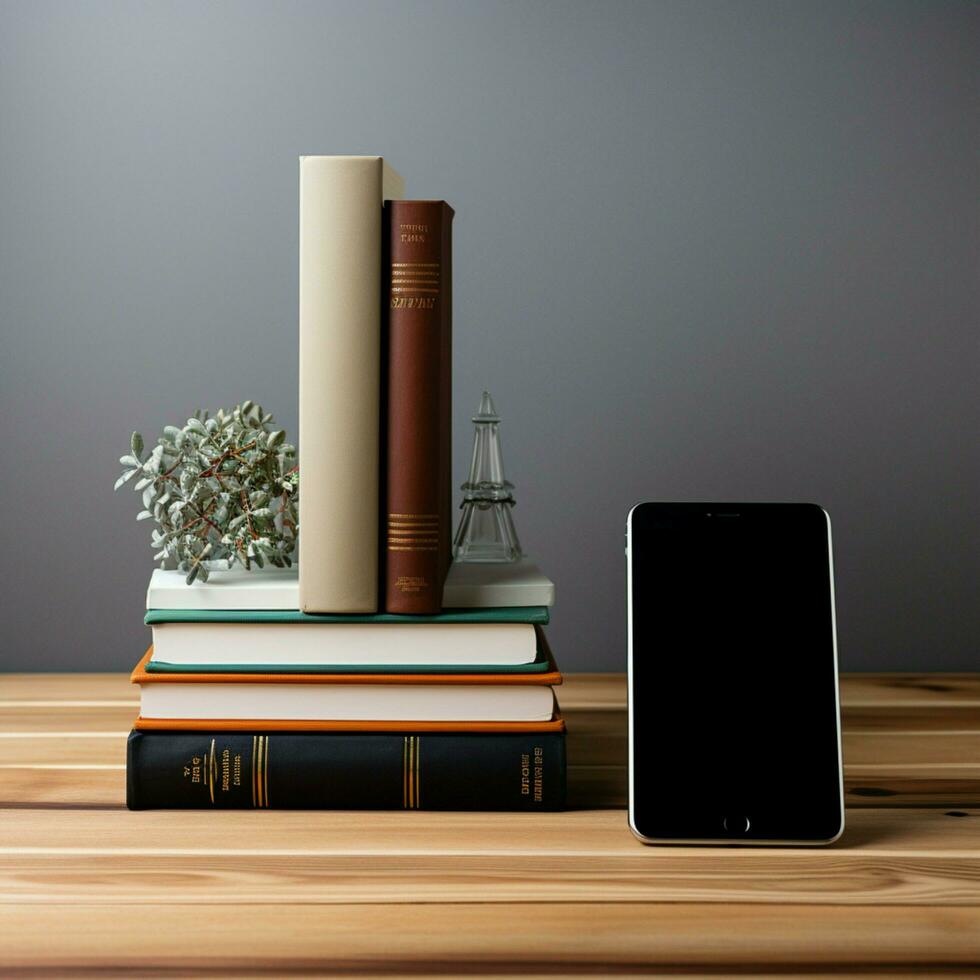 contrast van e lezer en hardcover boeken Aan licht grijs tafel, tekst ruimte beschikbaar voor sociaal media post grootte ai gegenereerd foto