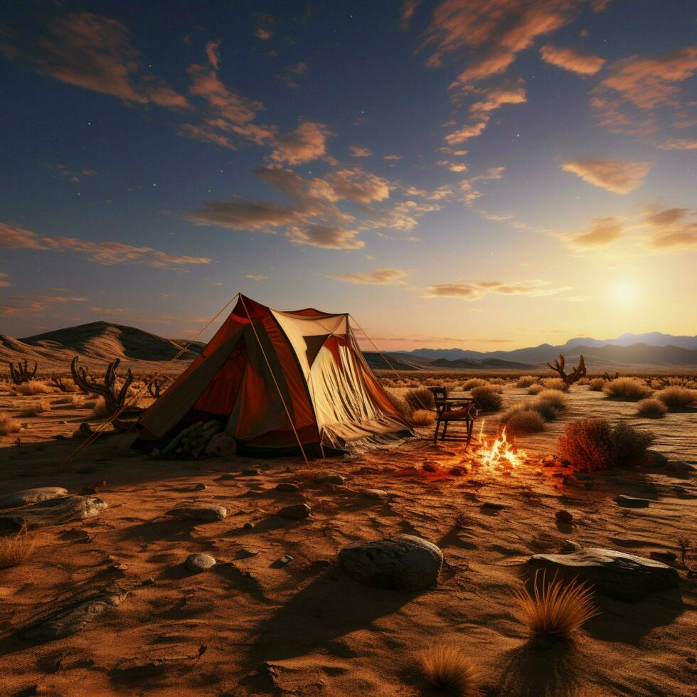 woestijn eenzaamheid kamp alleen temidden van zanderig wildernis, ver van bruisend wereld voor sociaal media post grootte ai gegenereerd foto