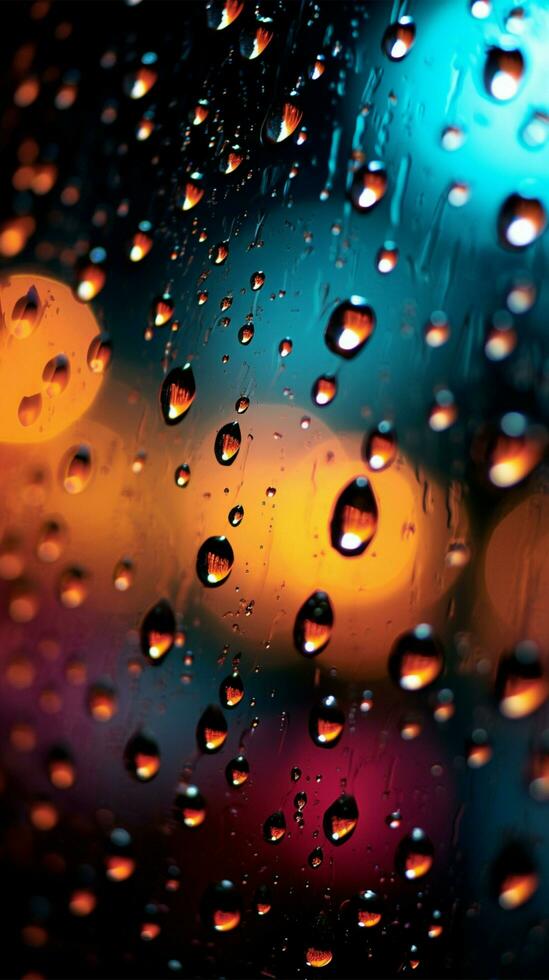 nachten abstract venster visie wazig lichten, kleurrijk regendruppels, betoverend achtergrond verticaal mobiel behang ai gegenereerd foto