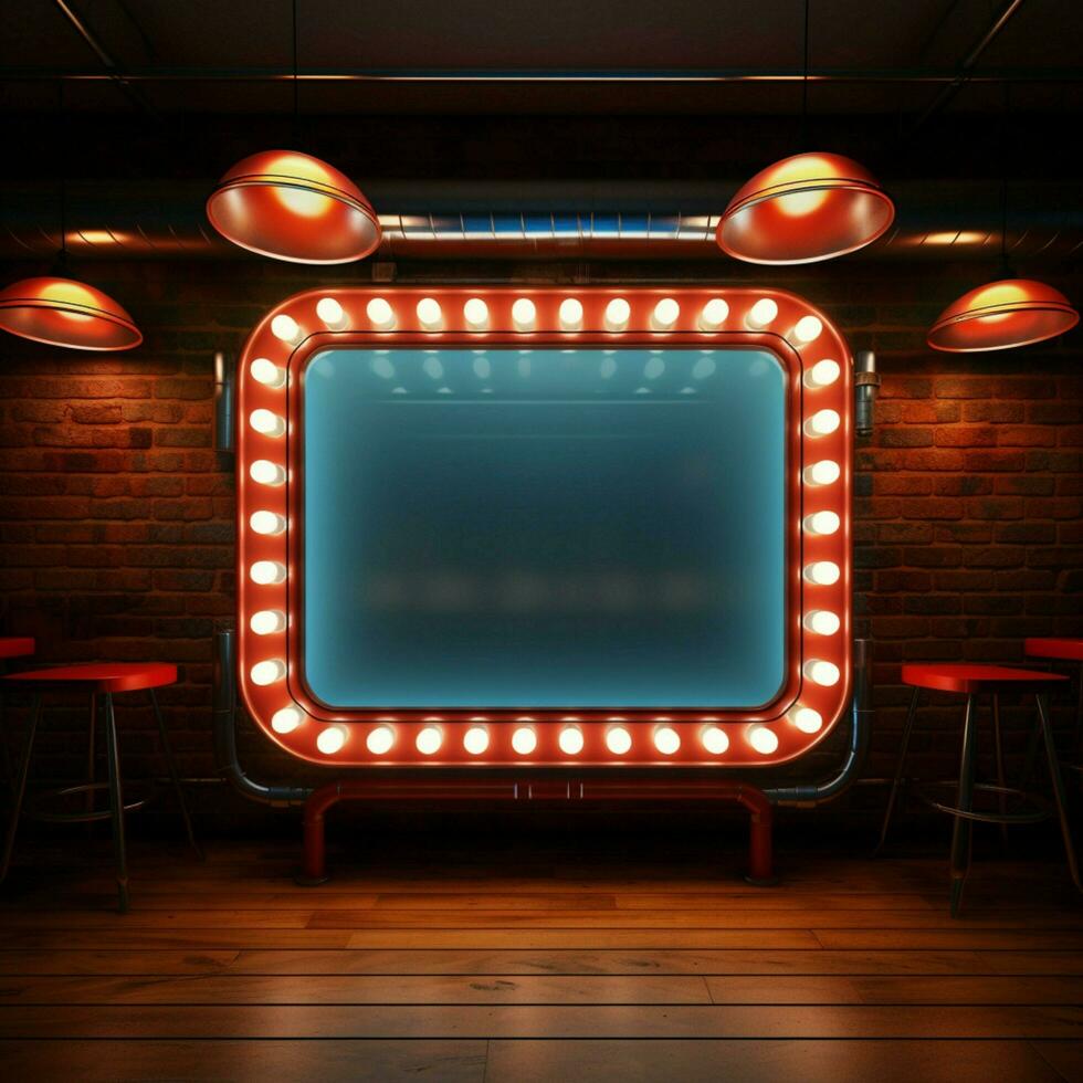 retro charme verlichte uithangbord Aan muur met gloeiend neon kader voor sociaal media post grootte ai gegenereerd foto