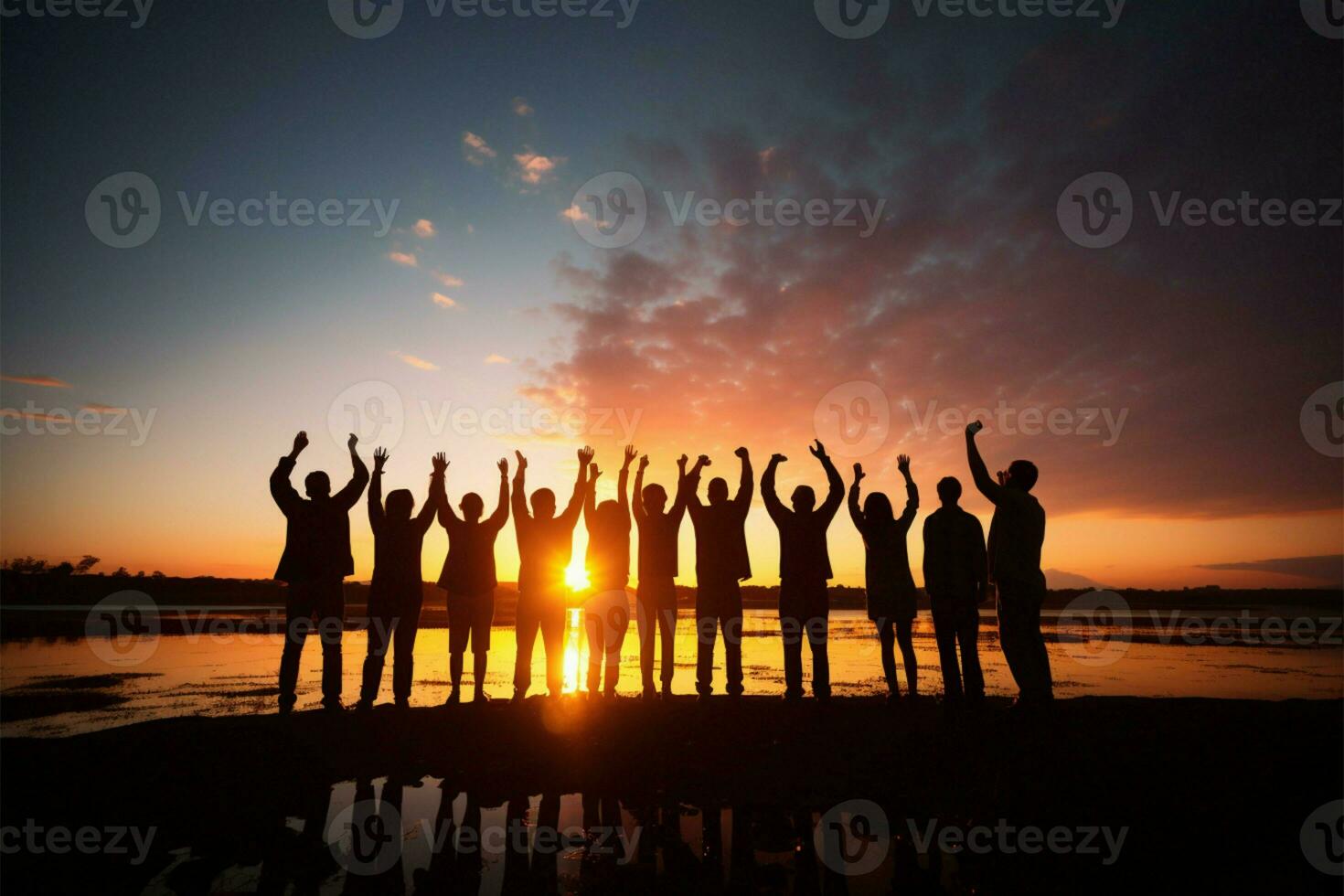 inspirerend team moment silhouetten vieren door verhogen hun handen samen ai gegenereerd foto