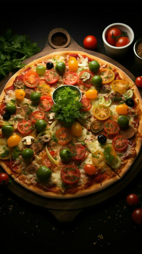 vastleggen de essence van een groente pizza van een top naar beneden perspectief verticaal mobiel behang ai gegenereerd foto
