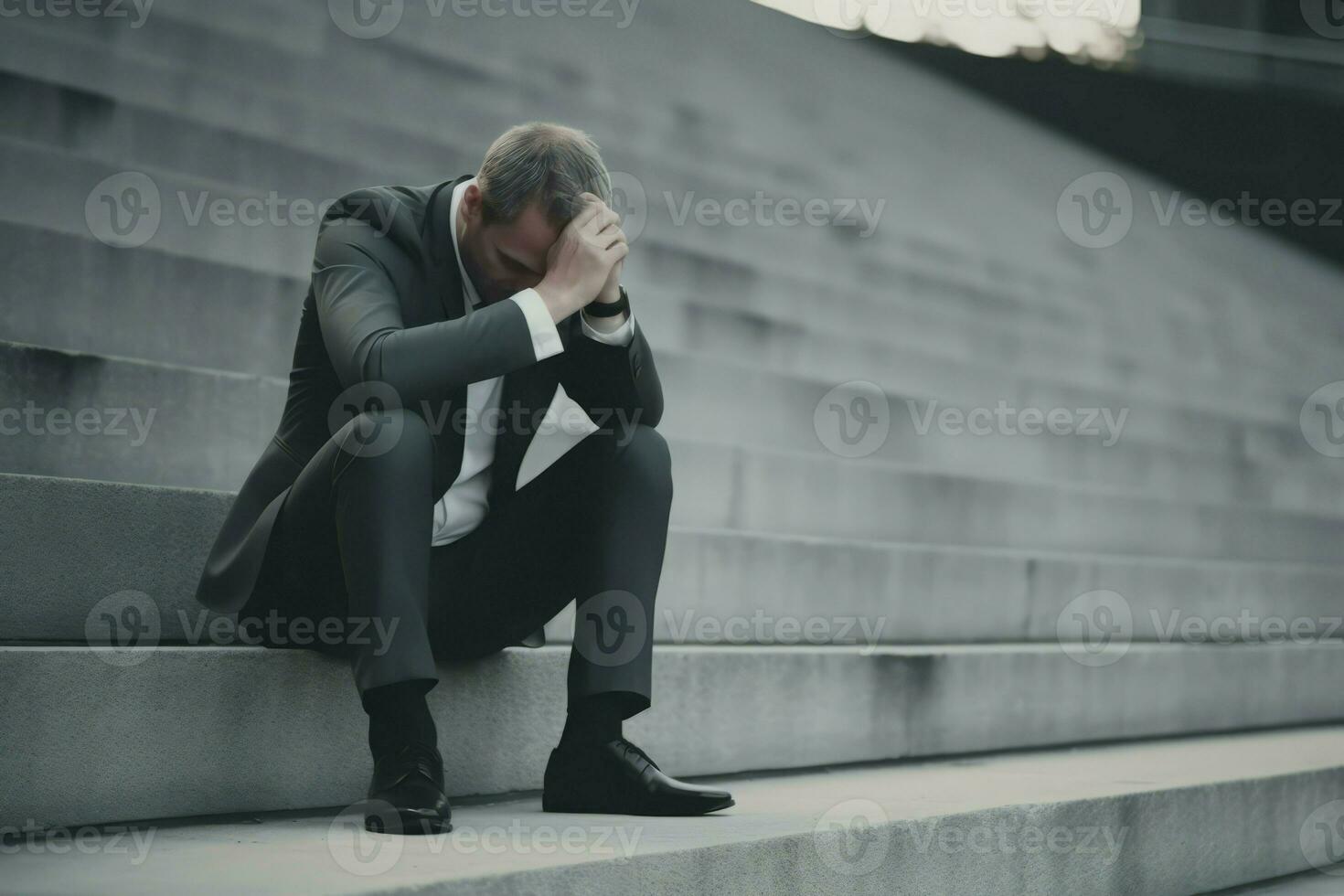 depressief zakenman zittend Aan trap. genereren ai foto