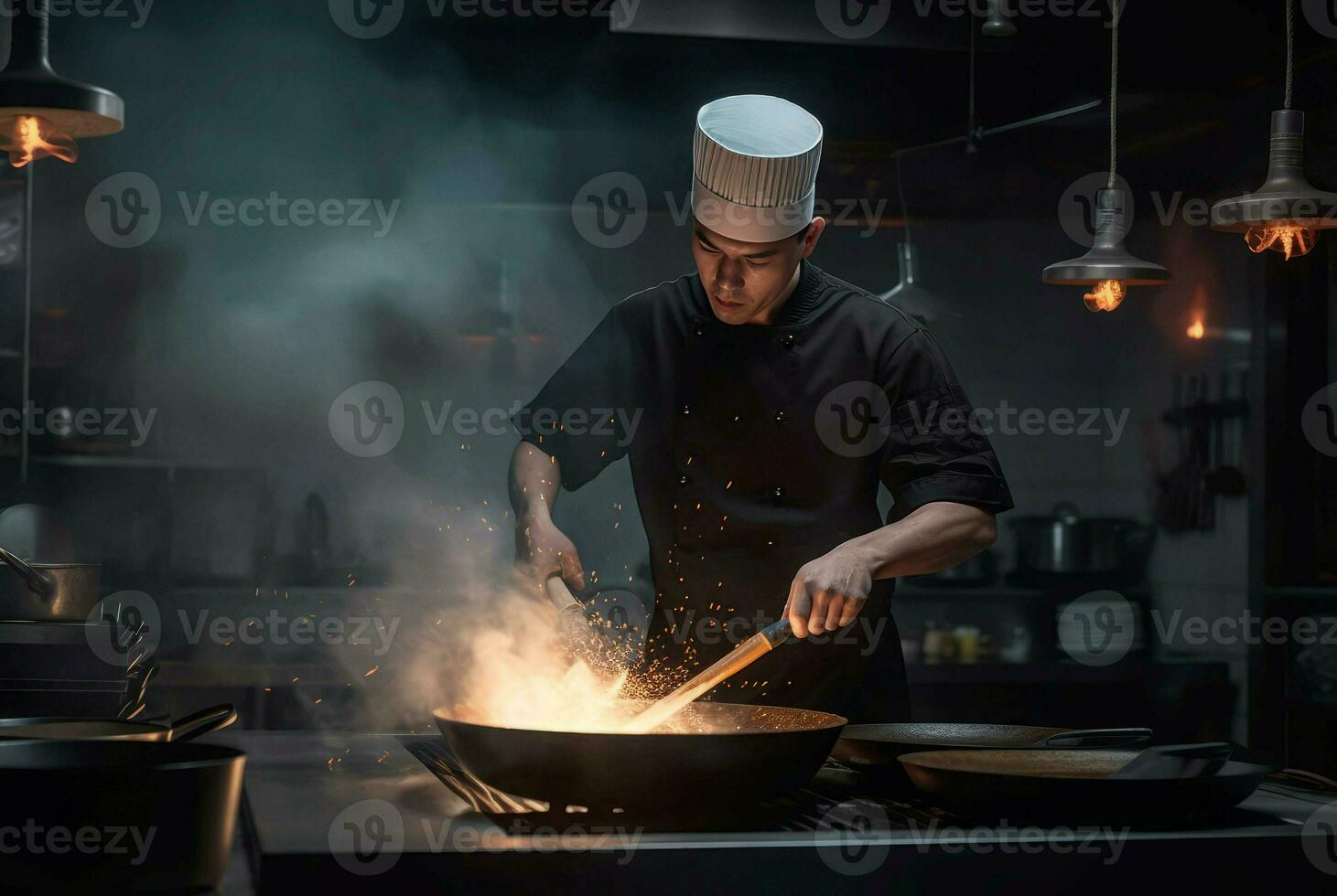 chef gekleed zwart Koken. genereren ai foto