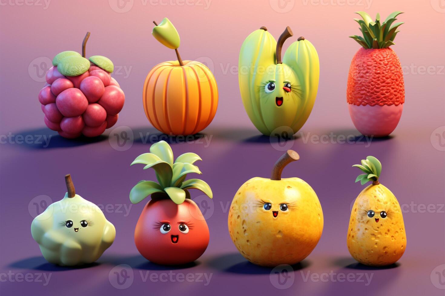 een in de rij gaan staan van schattig tekenfilm fruit modellen voor creatief inspanningen ai gegenereerd foto