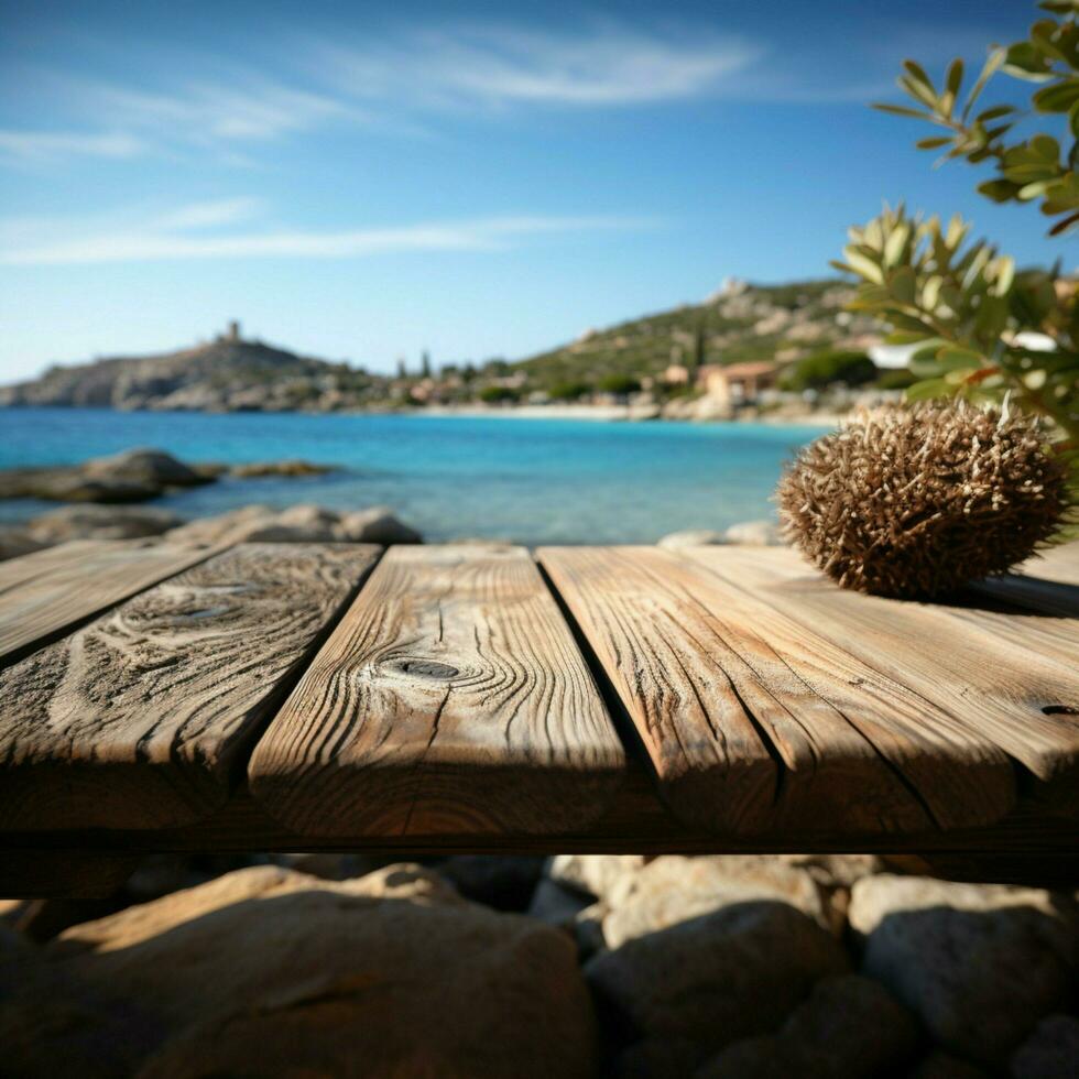 kust vignet houten tafel boven wazig zee eiland tafereel onder Doorzichtig blauw lucht voor sociaal media post grootte ai gegenereerd foto