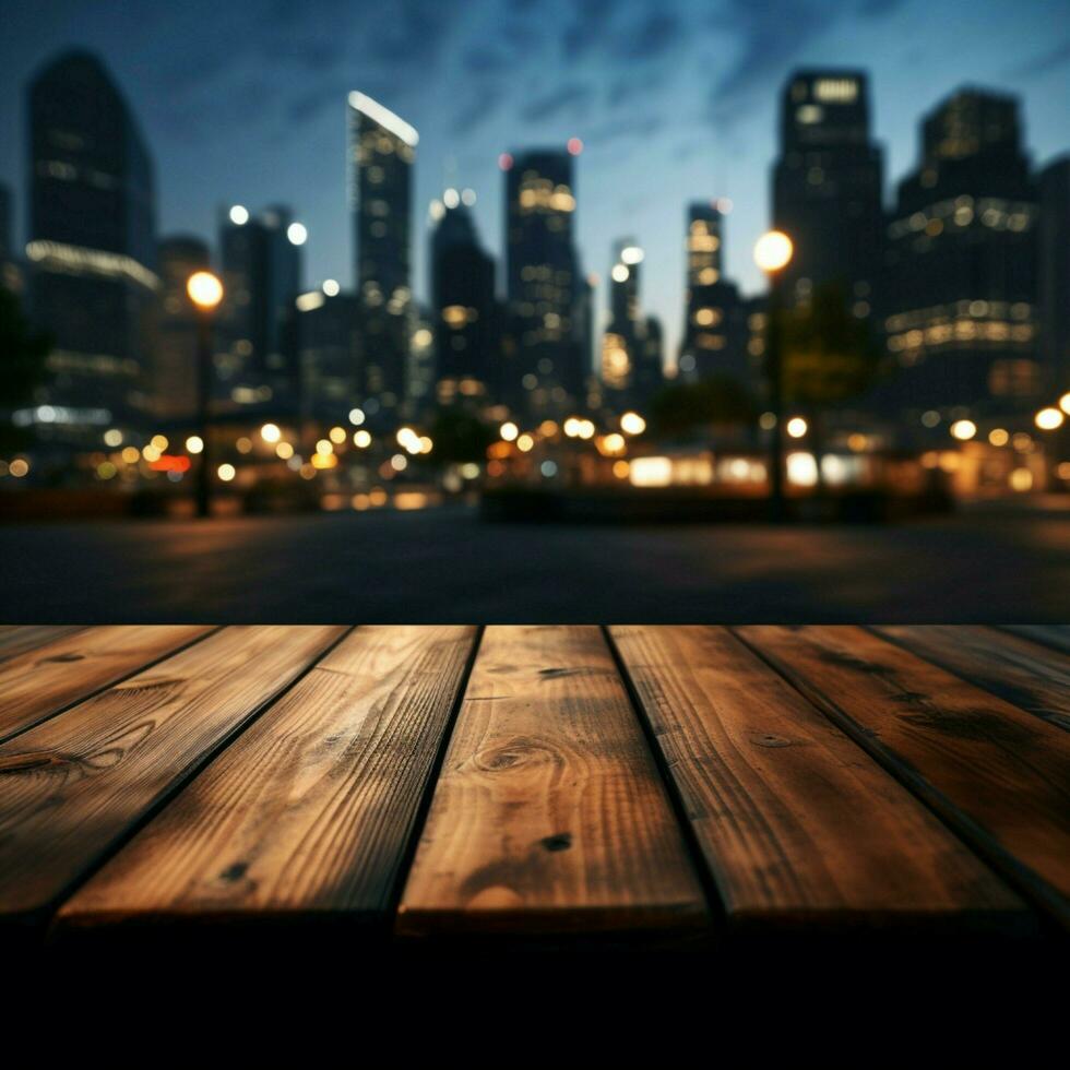 's nachts stedelijk tafereel houten tafel tegen wazig stad gebouw lichten in duisternis voor sociaal media post grootte ai gegenereerd foto