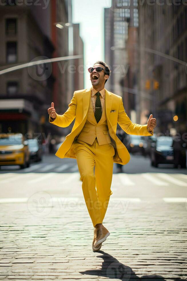 Mens met geel pak wandelen blij ai generatief foto