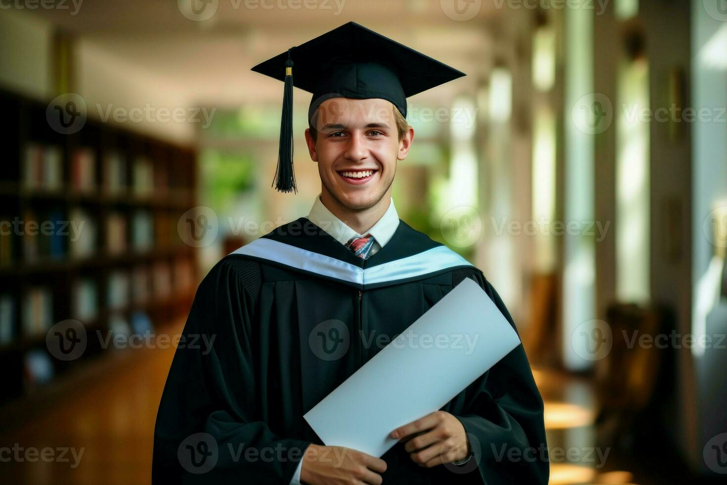gelukkig leerling in gewaad met diploma uitreiking diploma. genereren ai foto