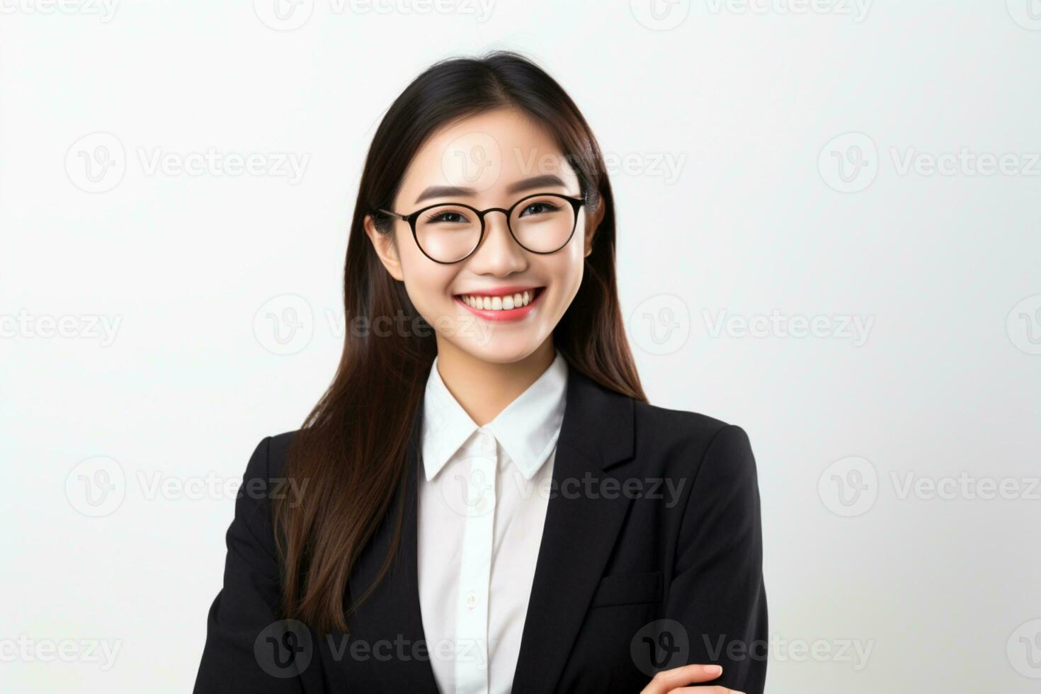 enthousiast Aziatisch zakenvrouw glimlachen Aan geïsoleerd wit achtergrond ai generatief foto