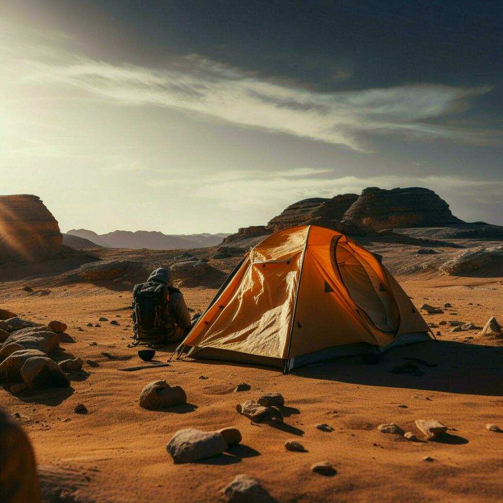 zanderig eenzaamheid camping alleen in dor woestijn, ver van beschavingen drukte voor sociaal media post grootte ai gegenereerd foto