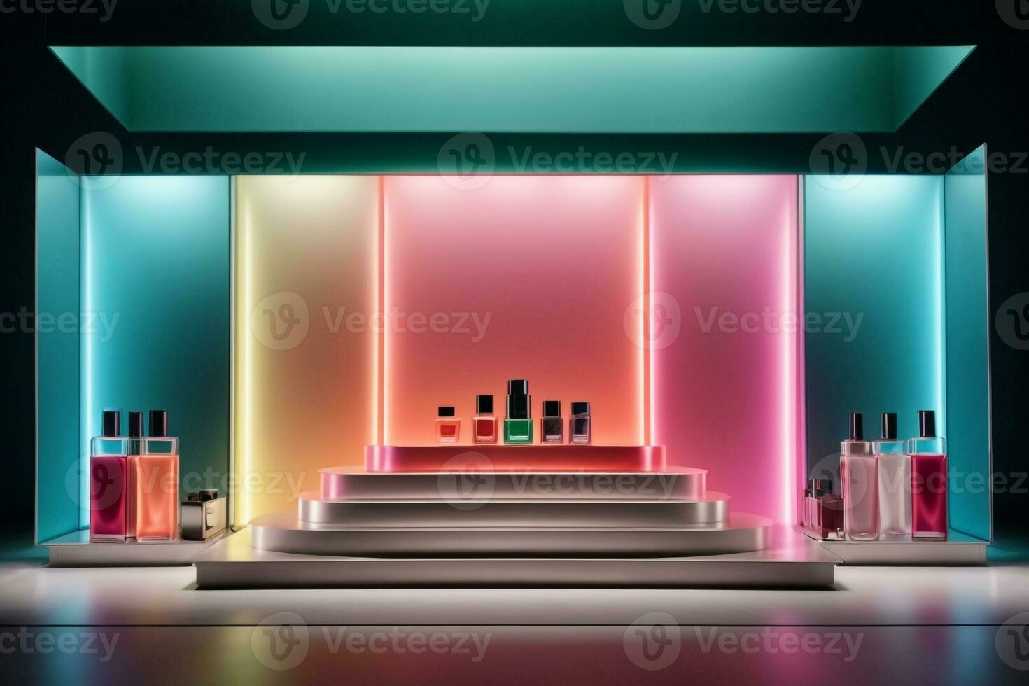 Product vitrine, luxe podium, gloeiend luxe vitrine, ai generatief foto