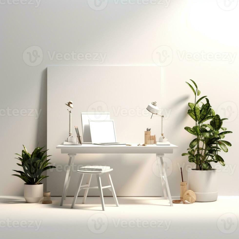 3d weergegeven wit kantoor tafel stoel en laptop pc modern interieur ai generatief foto