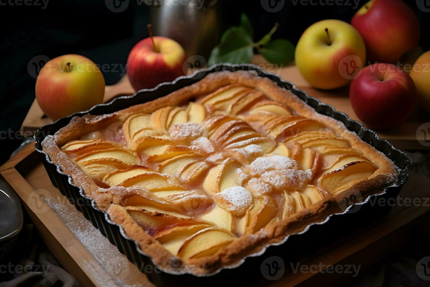 vers gebakken appel taart Aan een bakken pan, ai generatief foto