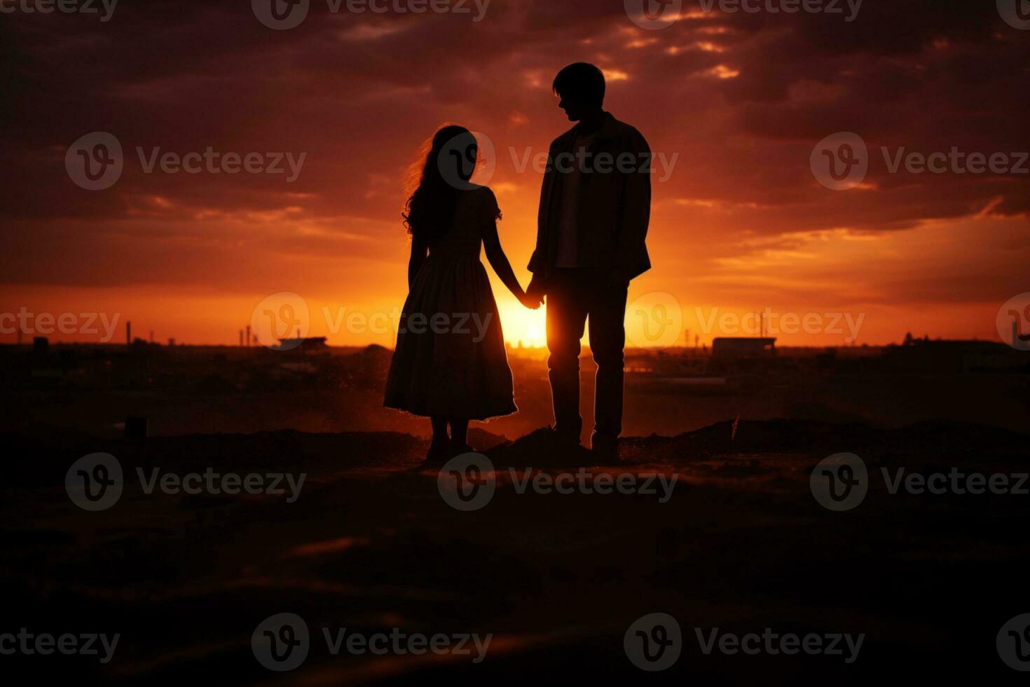 silhouet van gelukkig jong paar Bij park staand en lachend ai generatief foto