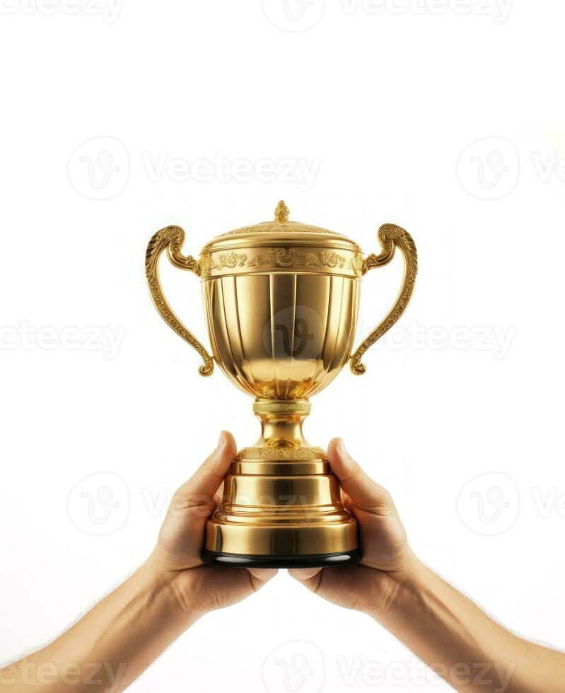 twee hand- Holding trofee geïsoleerd in wit achtergrond ai gegenereerd foto
