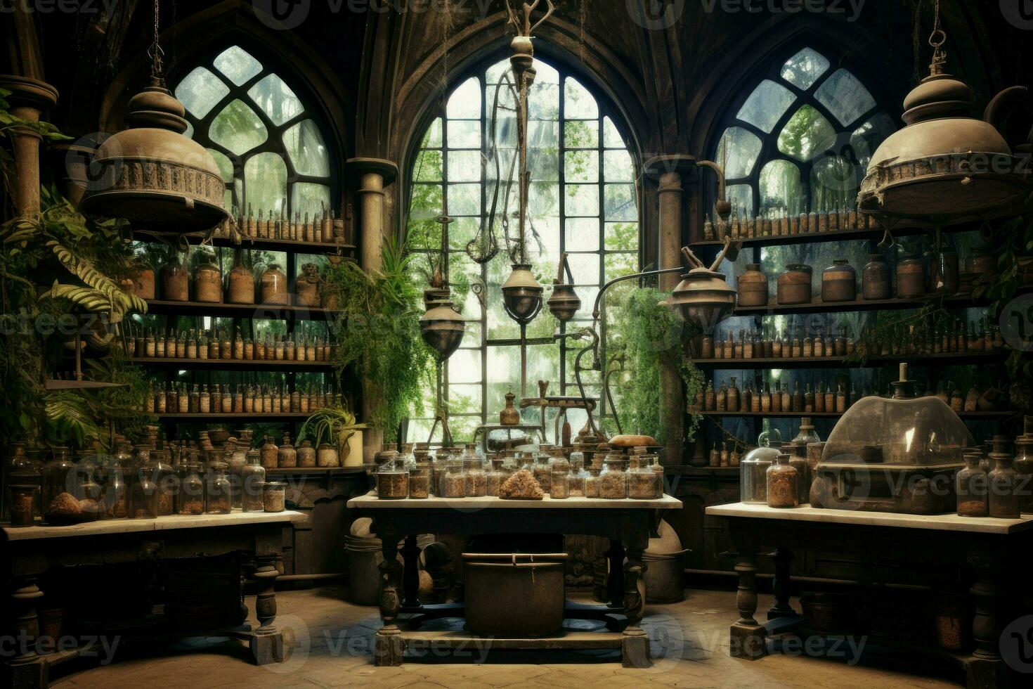 alchemistisch tovenaar laboratorium. genereren ai foto