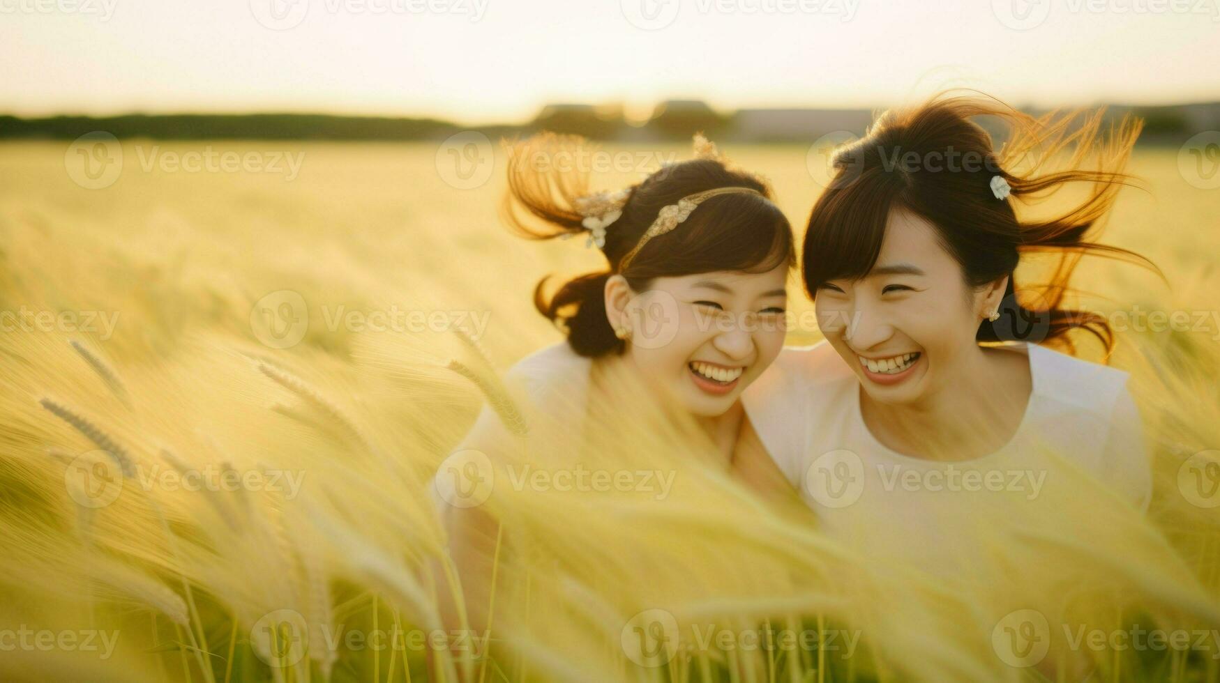 twee jong Aziatisch meisjes hebben pret in de veld. generatief ai foto