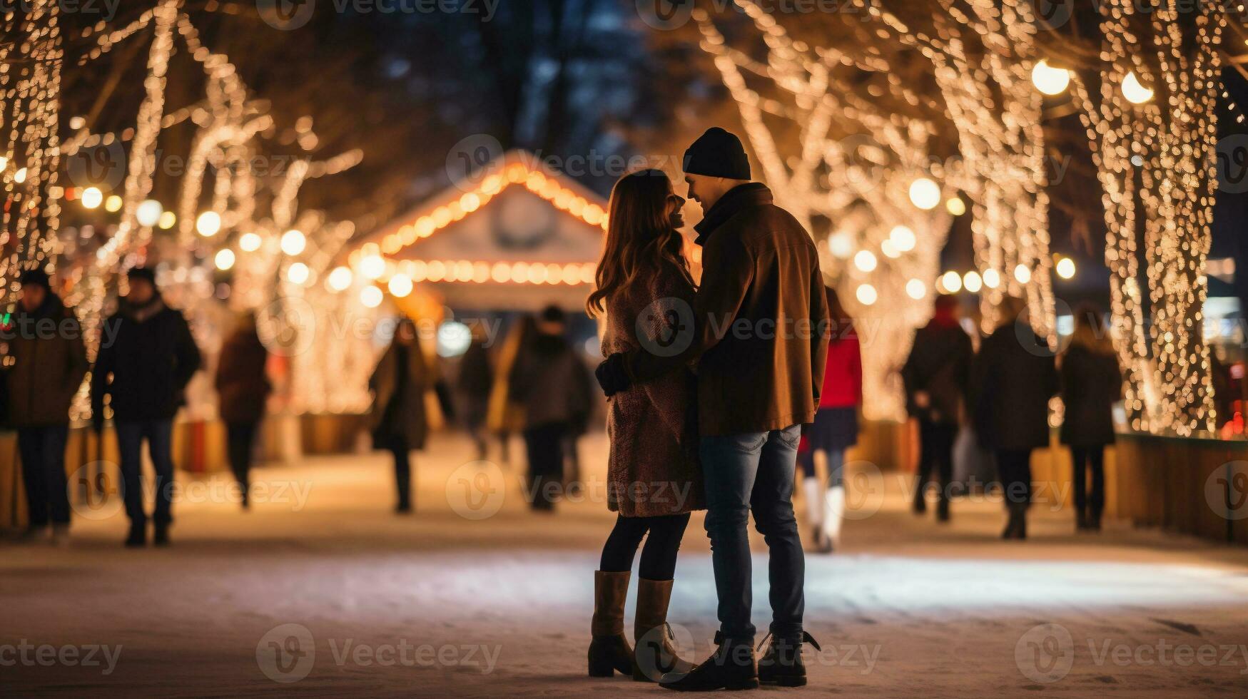 ai generatief. paar in liefde Aan de achtergrond van een Kerstmis markt Bij nacht foto