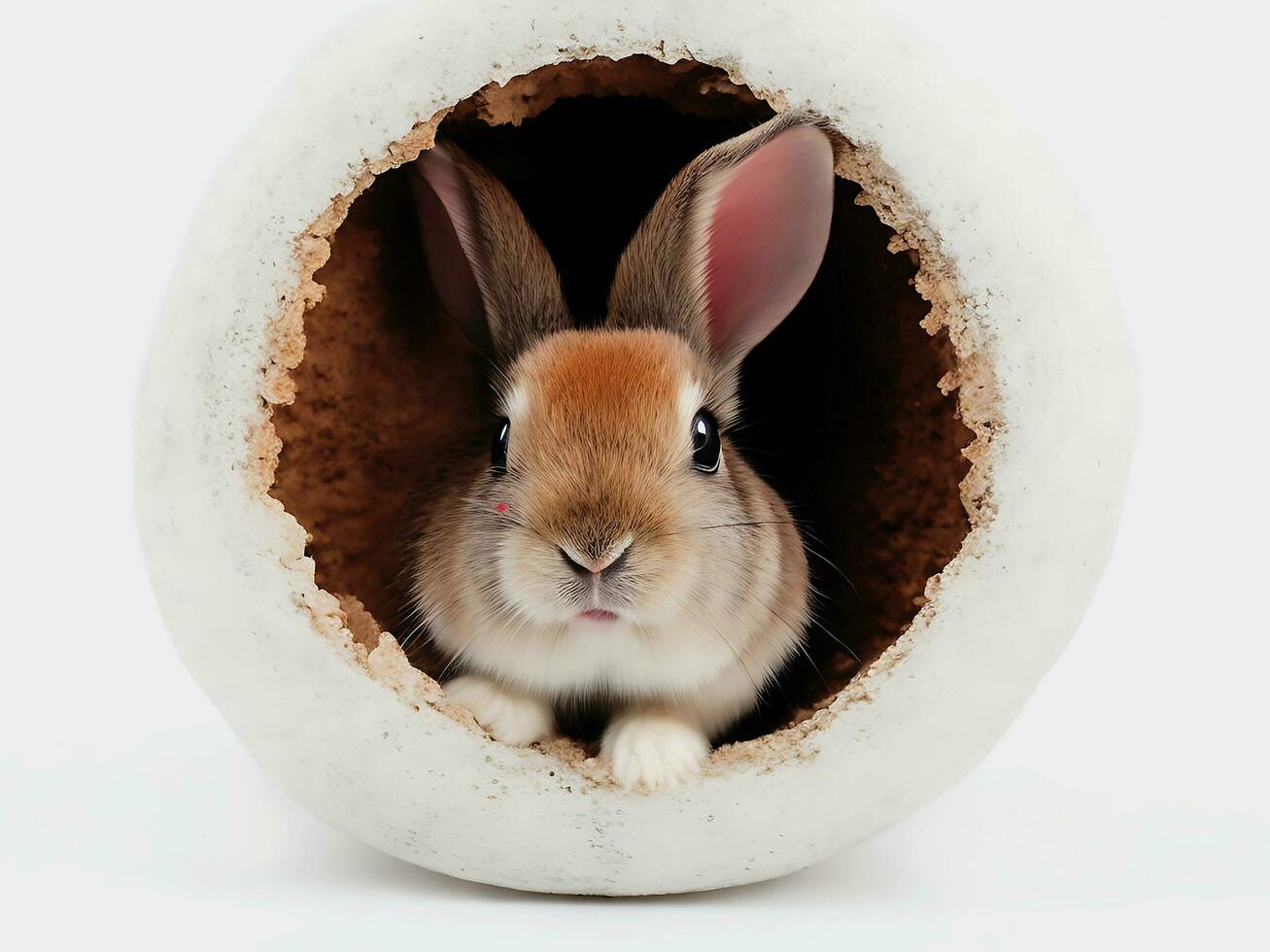 schattig weinig grijs konijn komen uit van gat - ai gegenereerd foto