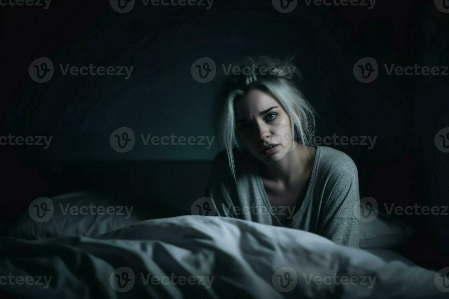 depressief vrouw slaapkamer portret. genereren ai foto