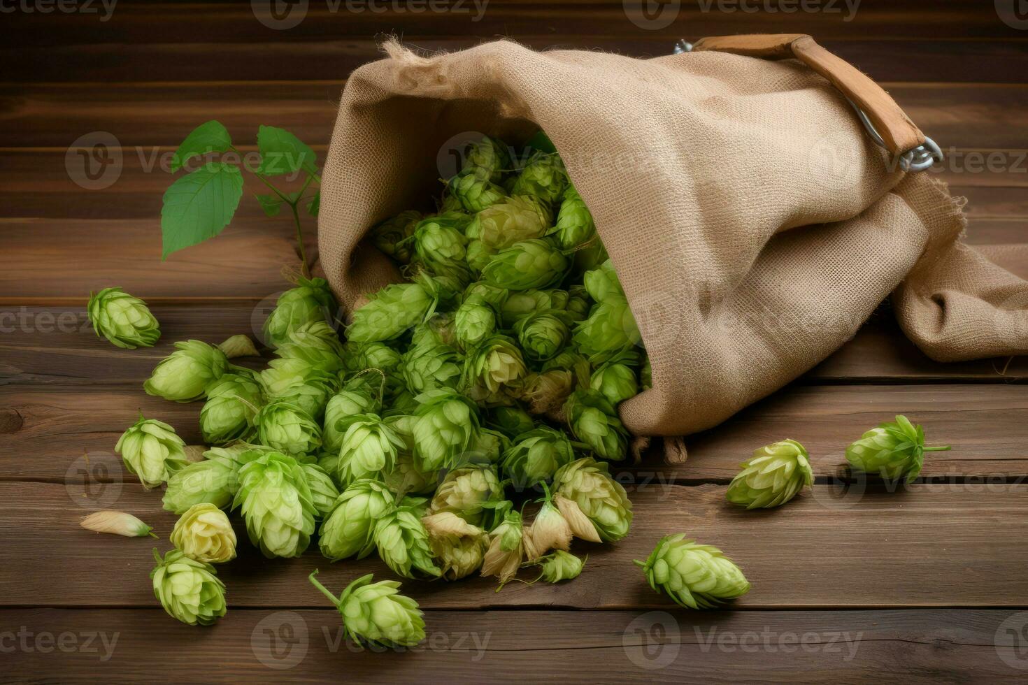 zak van vers groen hop Aan houten bord. genereren ai foto