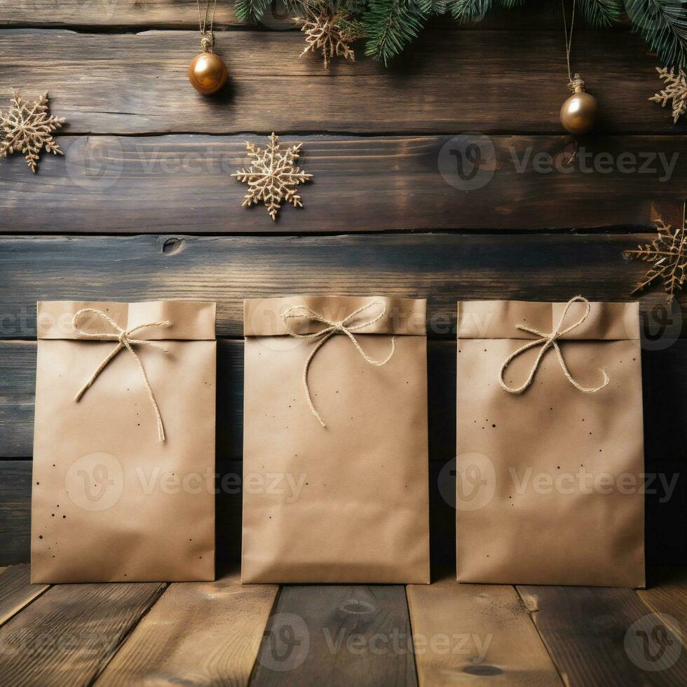 ai generatief. Kerstmis boodschappen doen Tassen Aan houten tafel in voorkant van Kerstmis boom foto