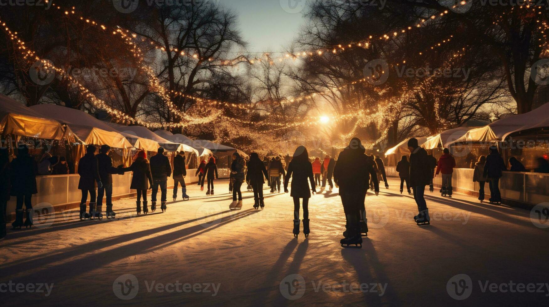 ai generatief. mensen ijs het schaatsen Aan de ijs baan in de park Bij zonsondergang. foto