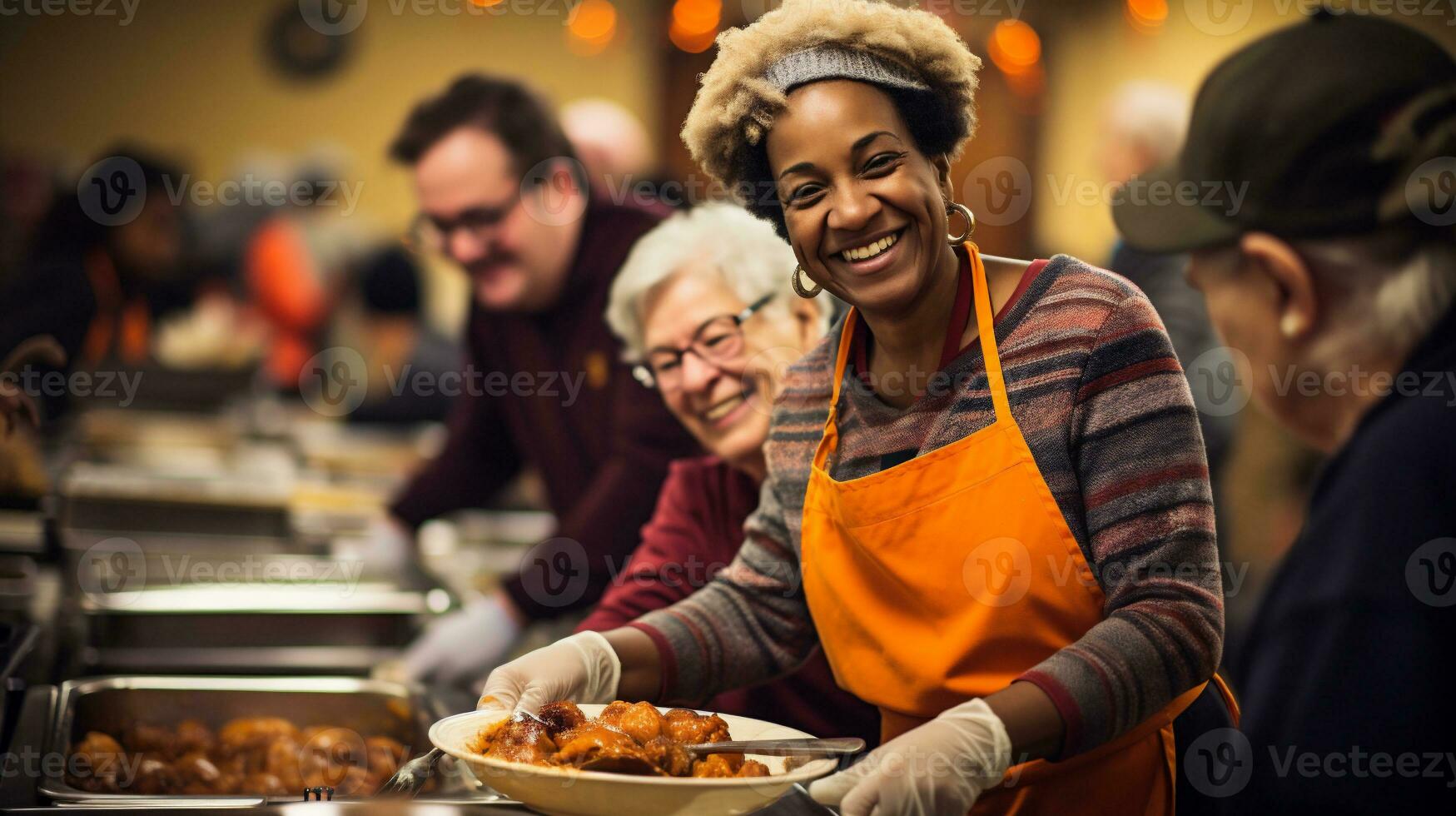 ai generatief. groep van mensen in een restaurant portie voedsel foto