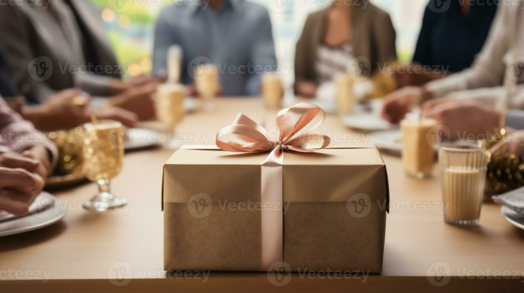 ai generatief. detailopname van een geschenk doos met een lint Aan een tafel in een restaurant foto