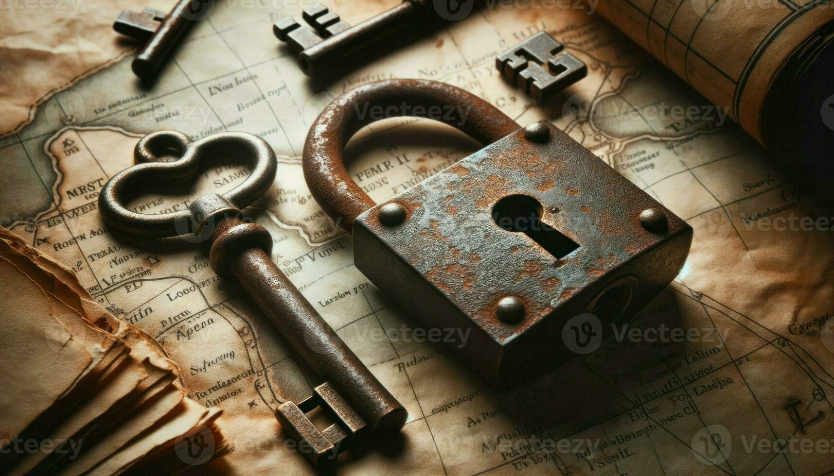 een oud verroest slot en een sleutel Aan een wijnoogst kaart, symboliseert de sleutel naar een hart.. generatief ai foto