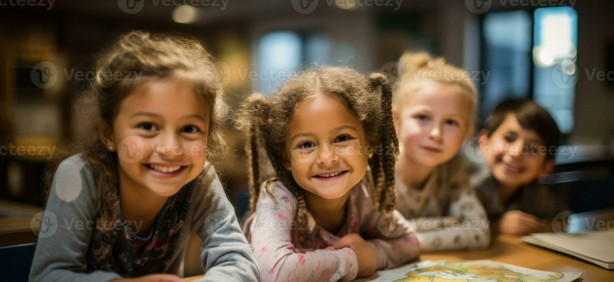 een detailopname van een meisje met gekruld haar, glimlachen met haar klasgenoten in de achtergrond.. generatief ai foto