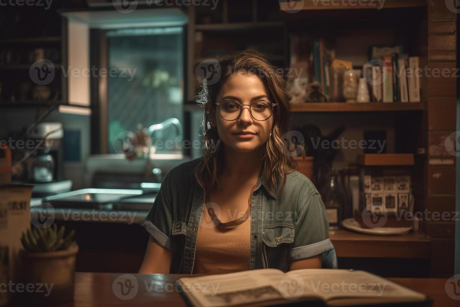 een vrouw zit Bij een tafel in een keuken lezing een boek. foto