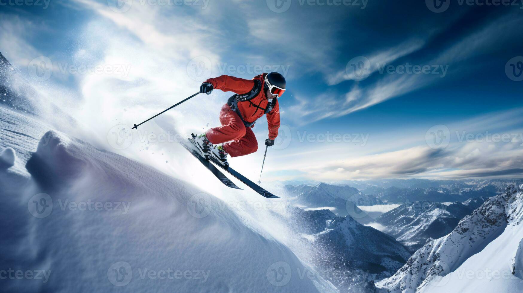 ai generatief winter extreem sport- koel schot van ski in beweging foto