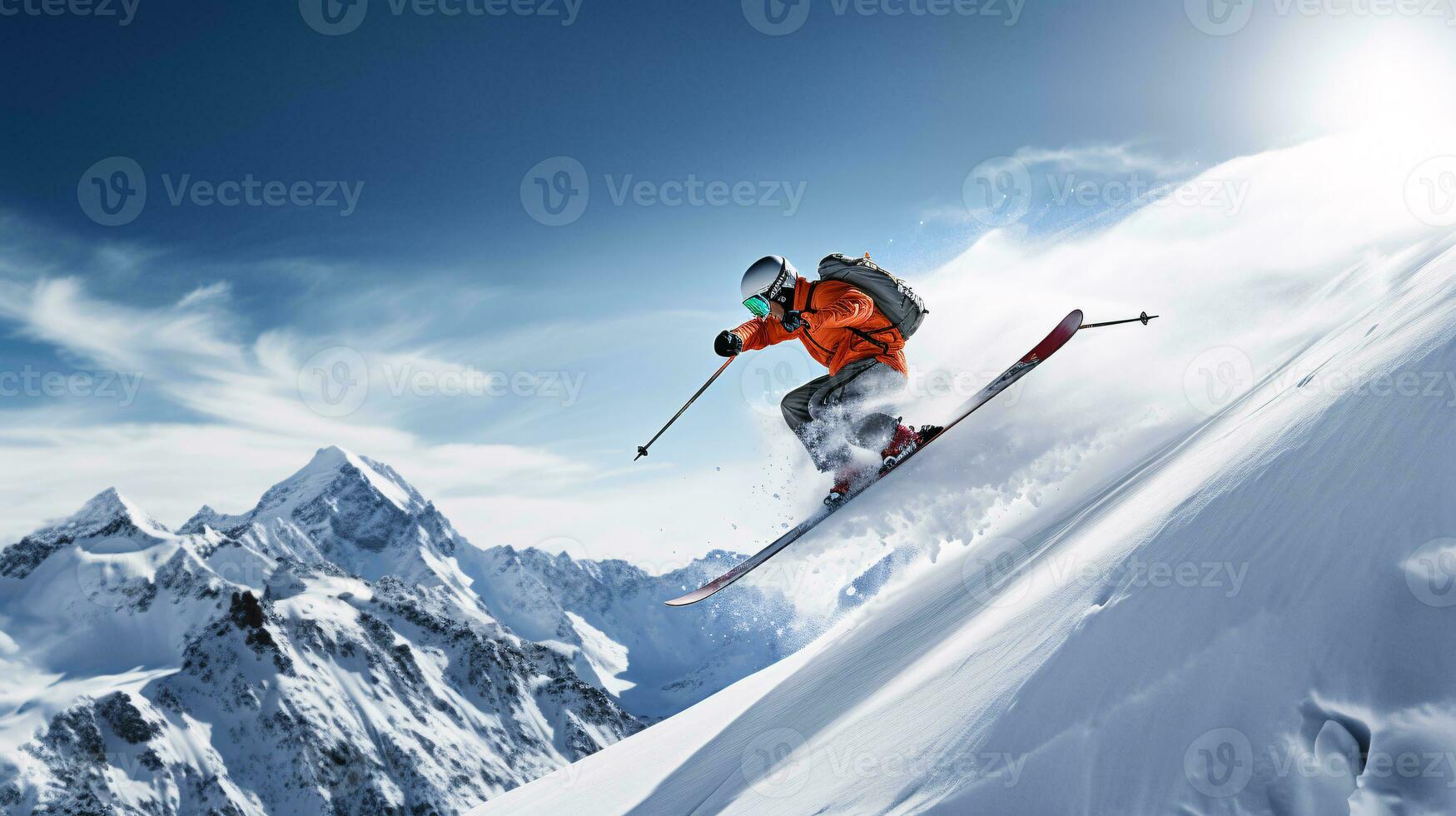 ai generatief winter extreem sport- koel schot van ski in beweging foto