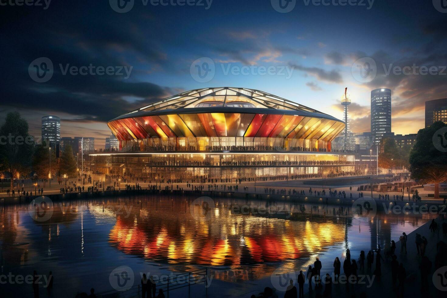 groot sport- stadion in de stad in de buurt de water. donker lucht met wolken over- de stadion. sport- wedstrijd concept. gemaakt door kunstmatig intelligentie- foto