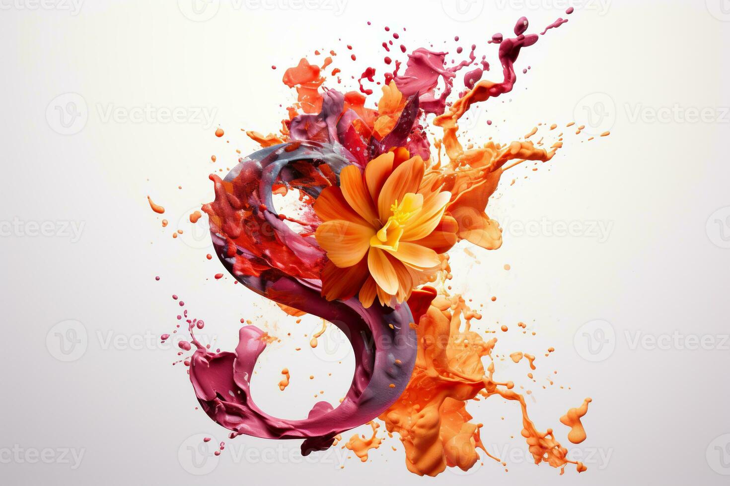 samenstelling met bloemen en aantal 8 en inktachtig kleur spatten Aan een wit achtergrond. Internationale vrouwen dag. generatief ai foto
