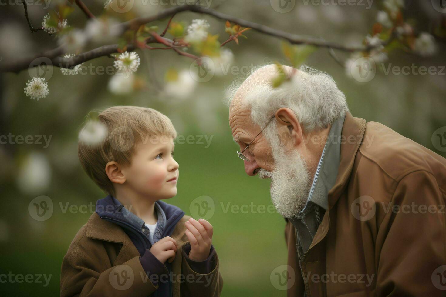 opa en kleinzoon in voorjaar tuin. genereren ai foto