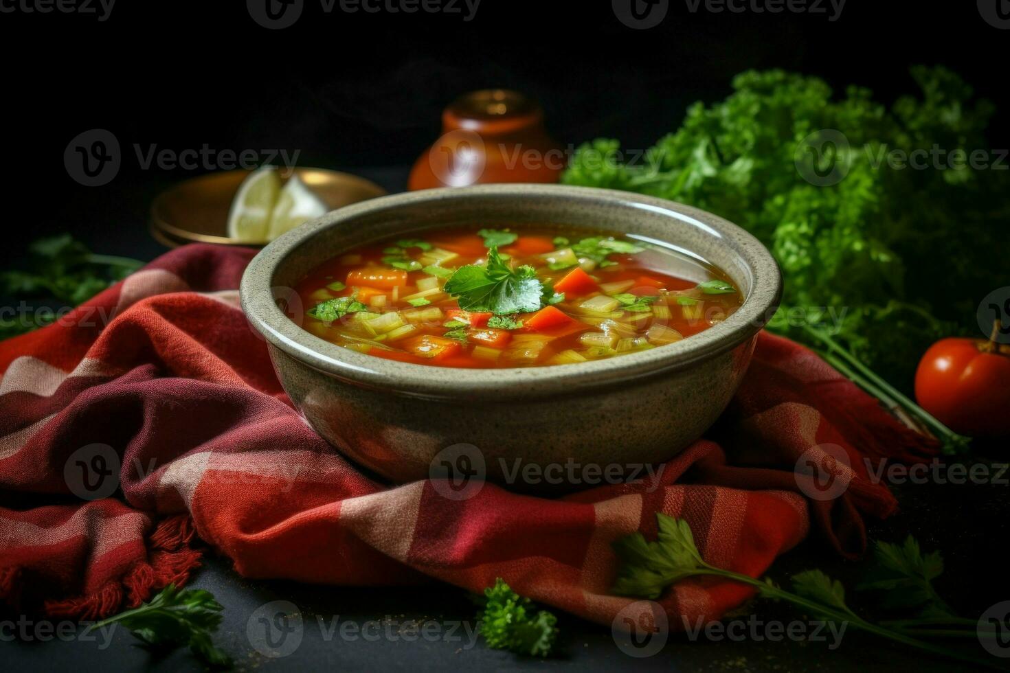 kom met vers groente soep met groen specerijen. genereren ai foto