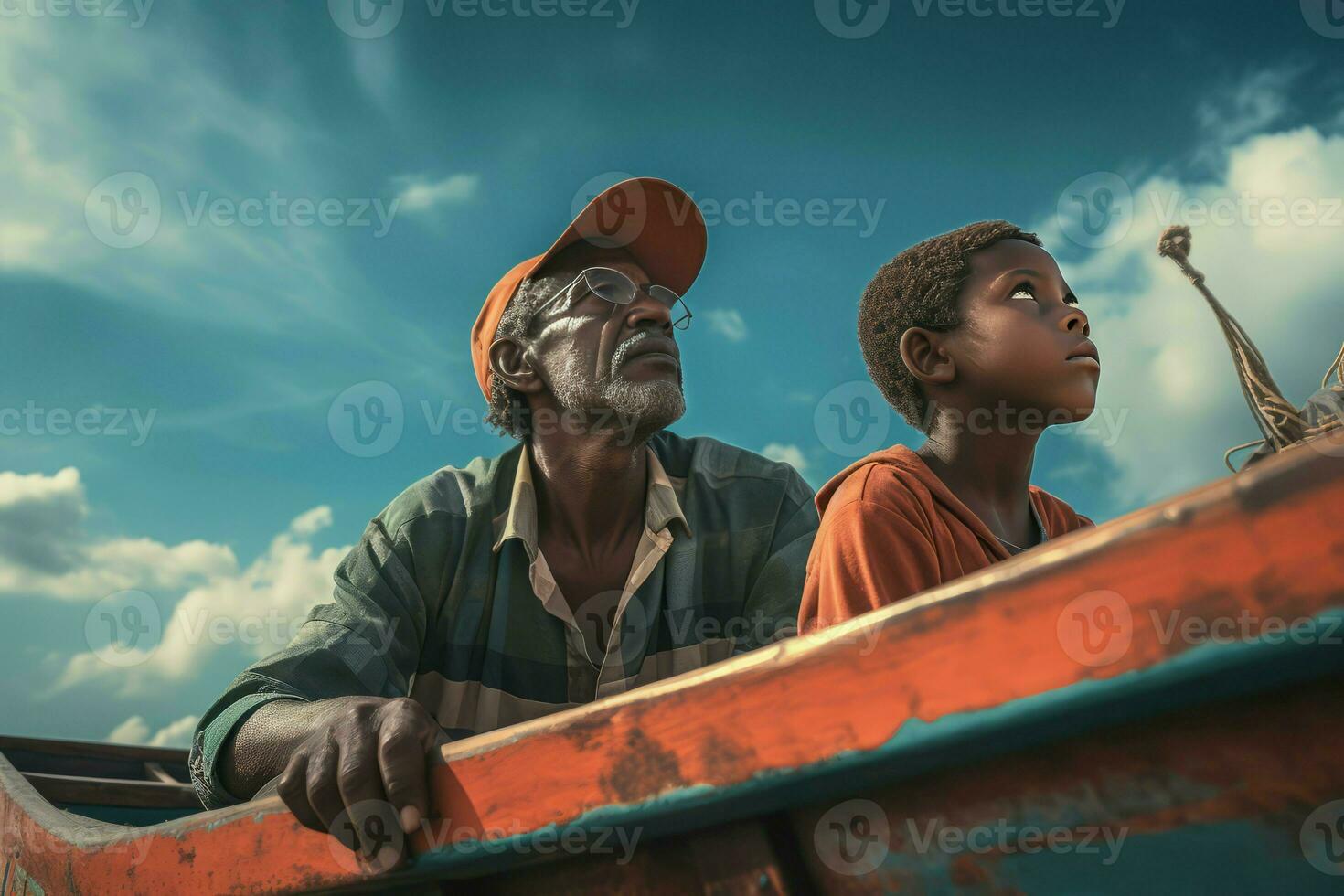 Afrikaanse vader en zoon vissen. genereren ai foto