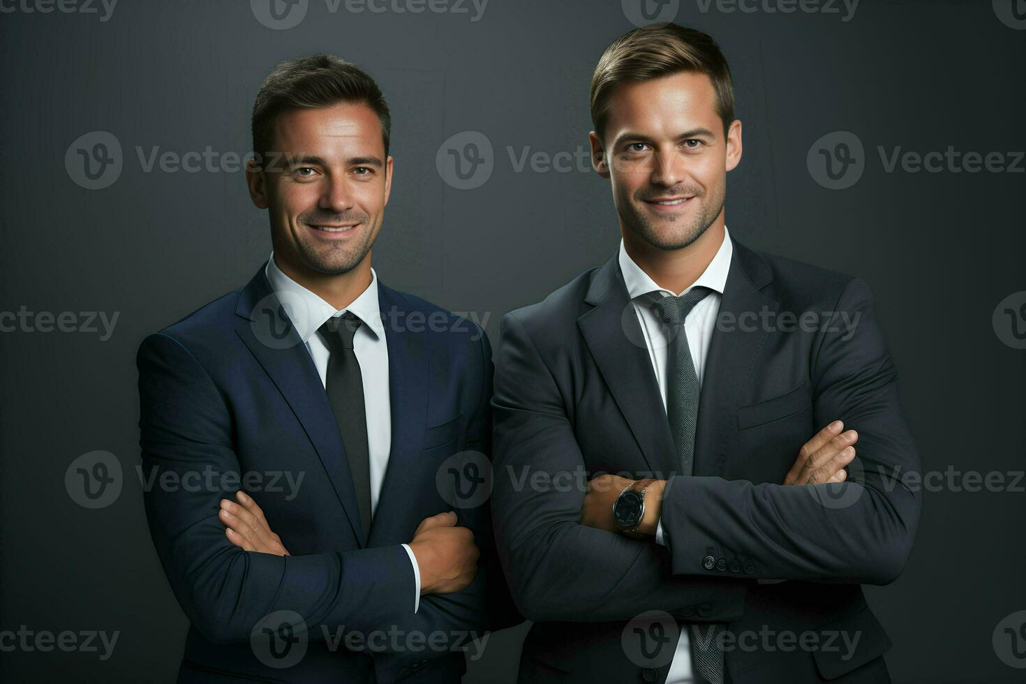 twee mannen in pakken staand samen tegen een donker achtergrond. ai generatief foto