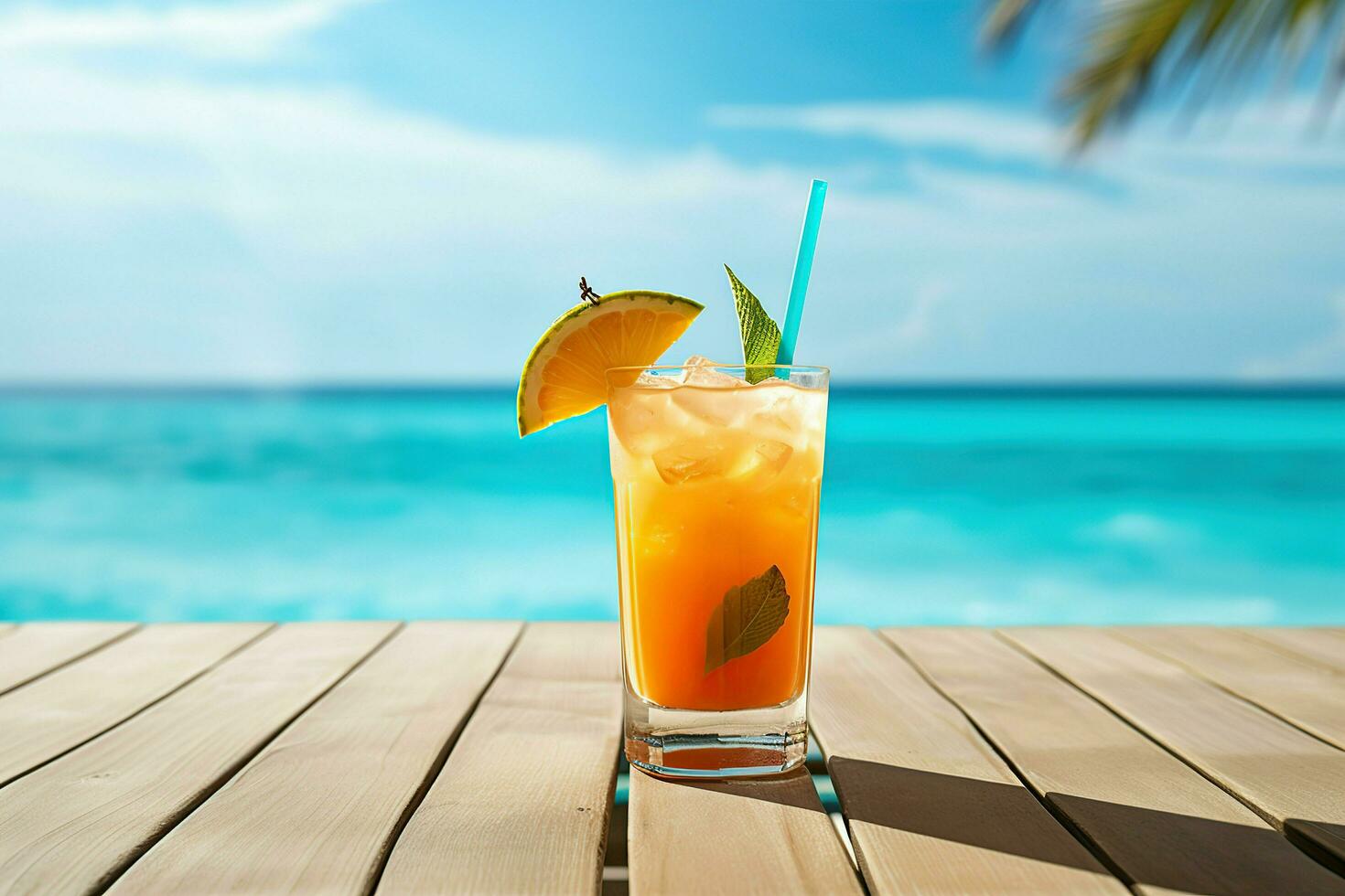 zee bries cocktail Aan achtergrond met blauw zee en lucht tropisch achtergrond. ai generatief foto