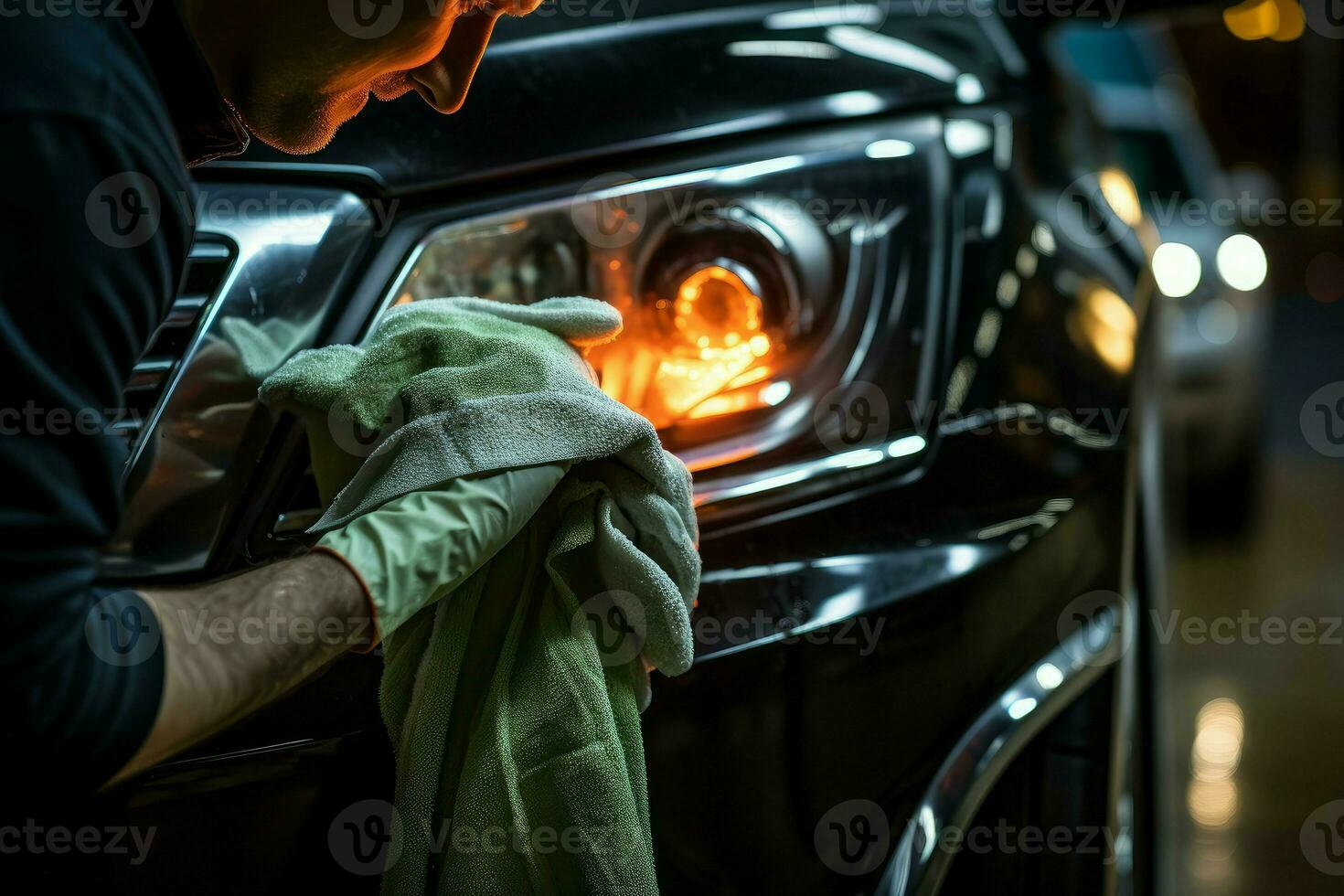 Mens het wassen auto koplamp met vod detailopname. genereren ai foto