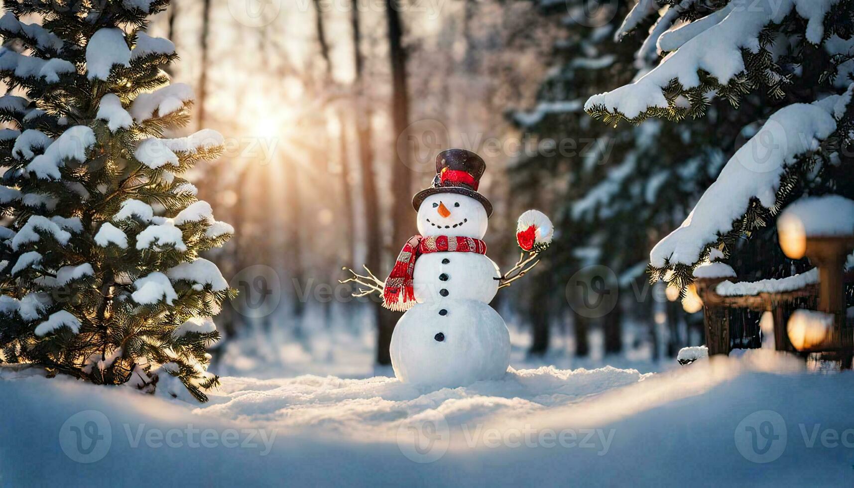 winter vakantie Kerstmis achtergrond banier - detailopname van schattig grappig lachend sneeuwman met wol hoed en sjaal, Aan besneeuwd sneeuw sneeuwlandschap met bokeh lichten, generatief ai foto