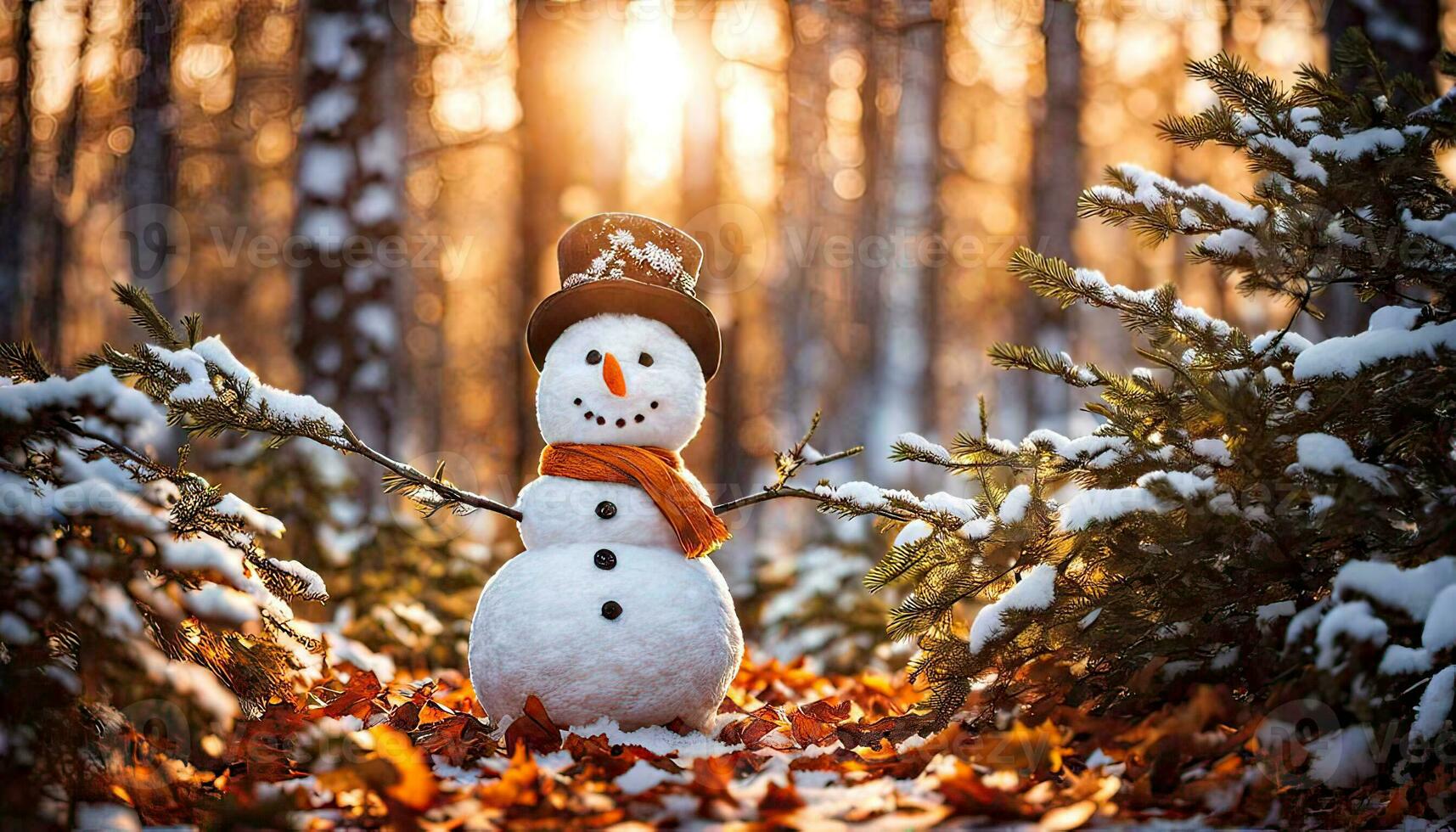 winter vakantie Kerstmis achtergrond banier - detailopname van schattig grappig lachend sneeuwman met wol hoed en sjaal, Aan besneeuwd sneeuw sneeuwlandschap met bokeh lichten, generatief ai foto