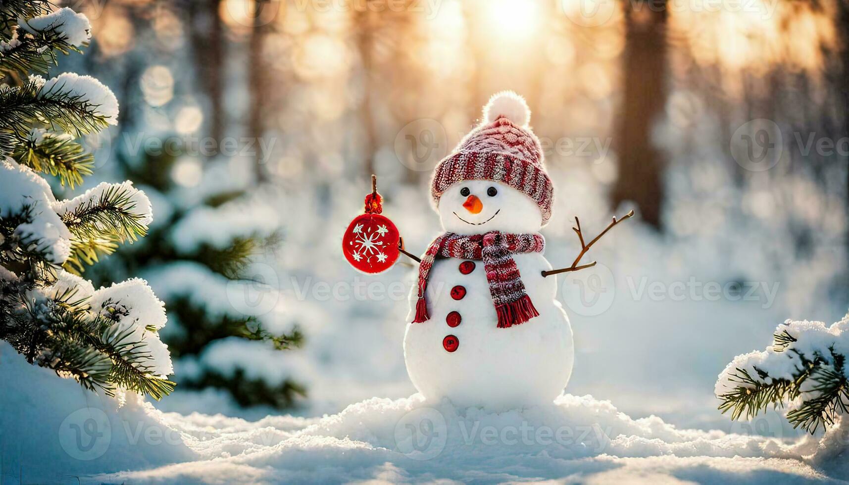 winter vakantie Kerstmis achtergrond banier - detailopname van schattig grappig lachend sneeuwman met wol hoed en sjaal, Aan besneeuwd sneeuw sneeuwlandschap met bokeh lichten, generatief ai foto