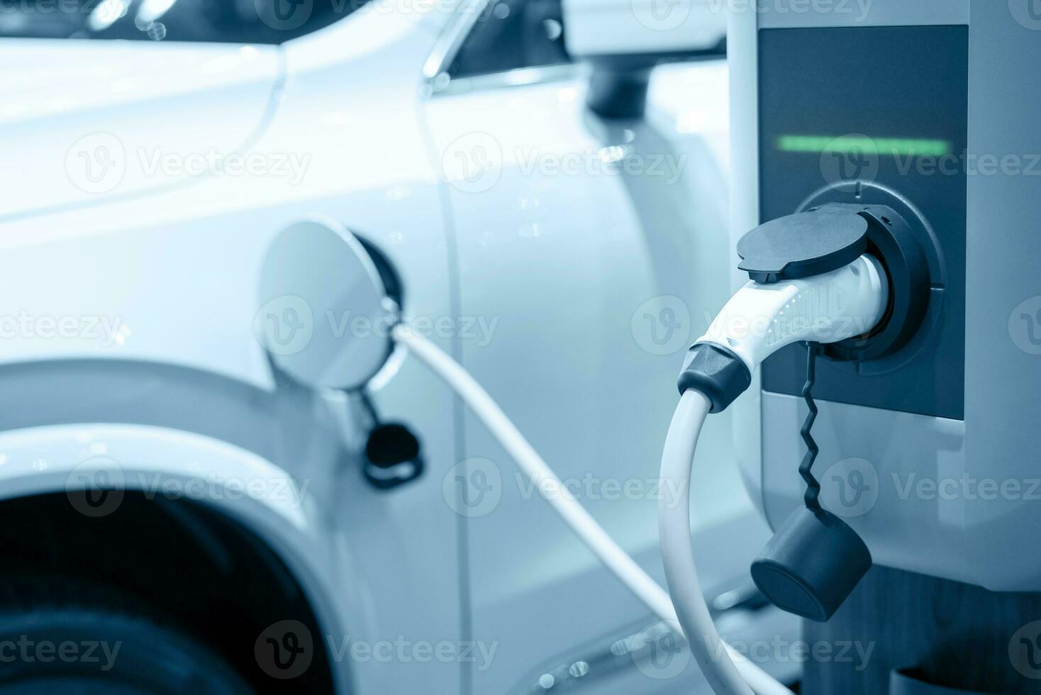 opladen een elektrisch auto accu station, nieuw vernieuwend technologie ev elektrisch voertuig foto