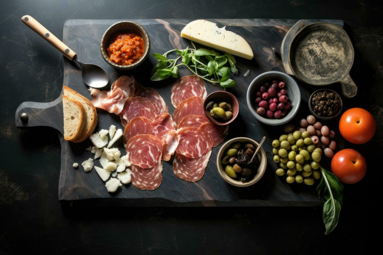 prosciutto crudo of Jamon met olijven, Parmezaanse kaas kaas en basilicum Aan een houten bord, top visie van zwart marmeren snijdend bord met olijven in kommen, broodstengels, prosciutto, ai gegenereerd foto